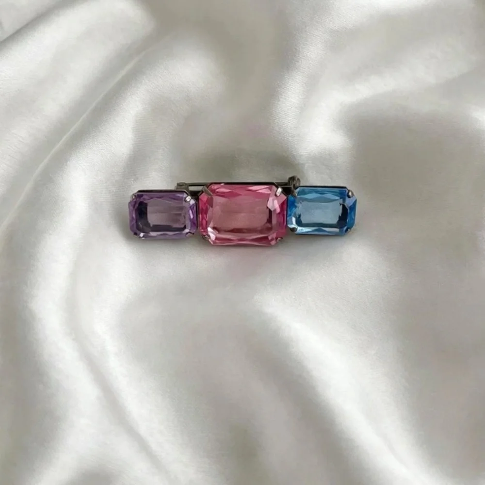 Three-Stone Crystal Bar Brooch - Pink, Purple & Blue